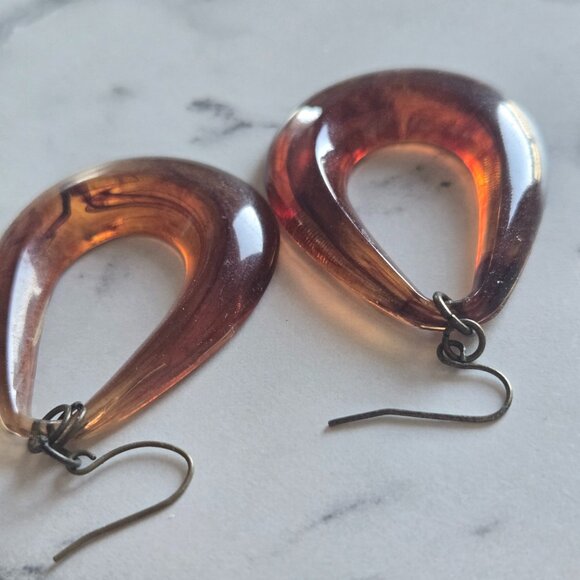Vintage Brown Marbled Oval Lucite Drop Earrings - Picture 2 of 6